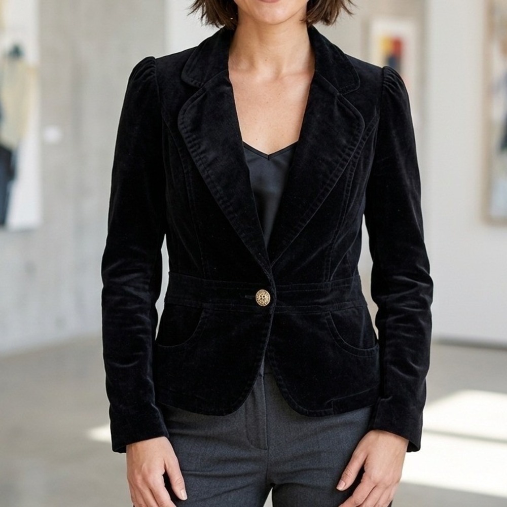 French Cuff Blazer Women M Black Corduroy Velvet Professional Tailored Office